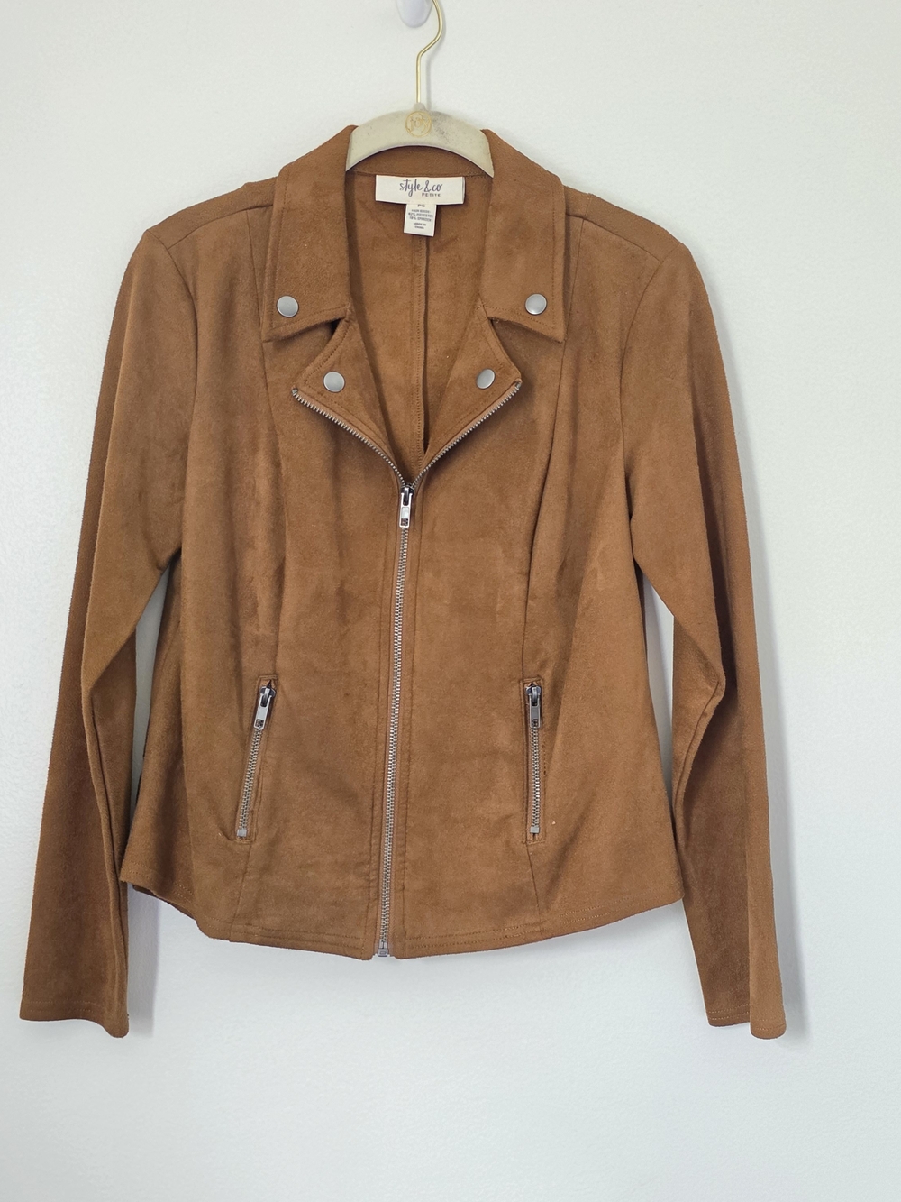 Style & Co Petite Faux Suede Moto Jacket Cognac PS